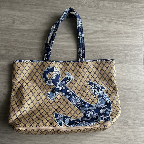 Vera Bradley Beach Straw Tote Nautical Anchor Blue & White Straw Bag Lined Large - Picture 5 of 9